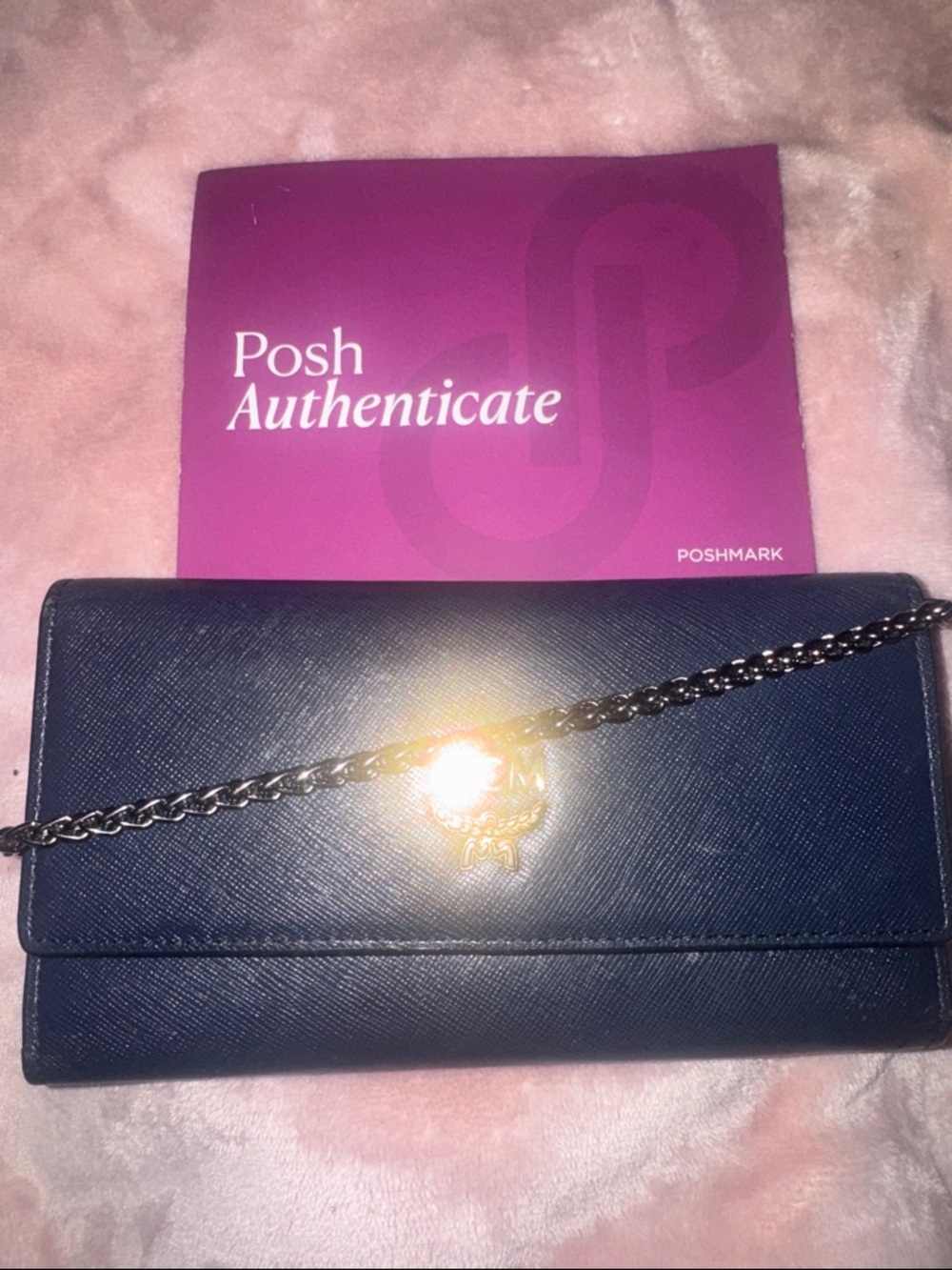 MCM Navy Blue Leather Wallet on chain EUC